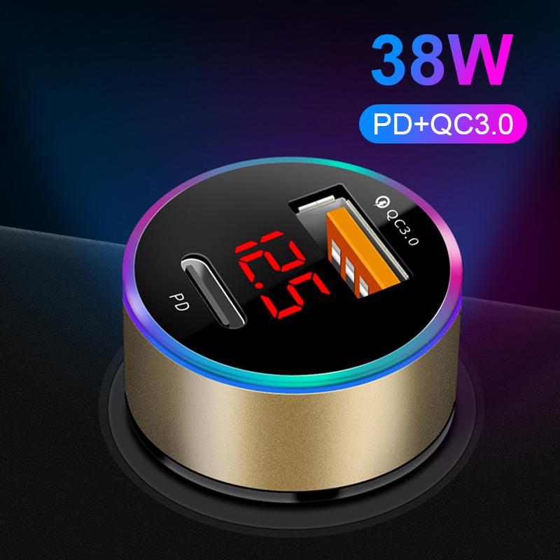 SEAMETAL 38W Car Charger PD+USB QC3.0 Quick Charging Phone Charger with LED Voltmeter Display