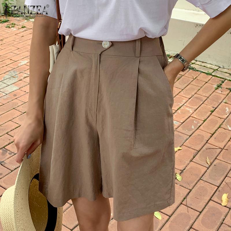 

ZANZEA Женщины Летняя молния Широкая нога Короткие брюки Сплошной цвет Повседневные бермудские шорты