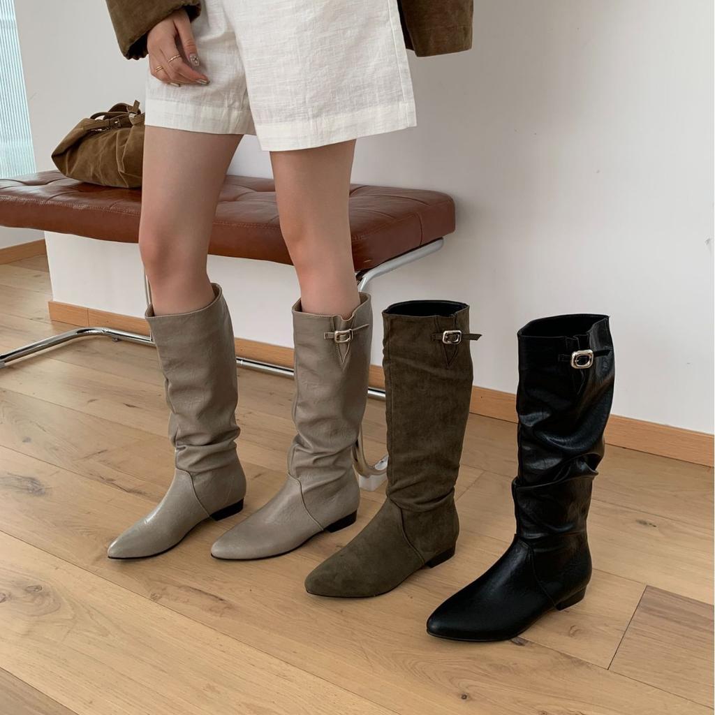 Thick heel pleated long tube knight boots women's shoes 2025 new spring and autumn western thin medium tube long boots