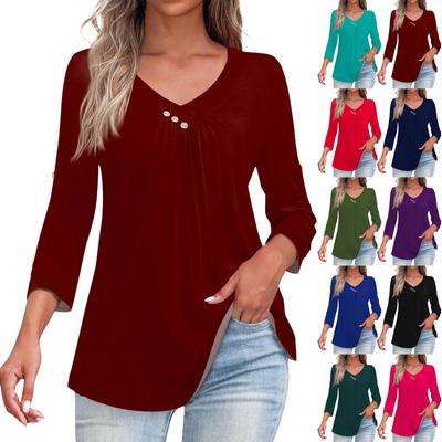 Shirts For Women Trendy V Neck Button T Shirts Casual Solid Color Summer Tees T Shirt Blouse Three Quarter Sleeve Tops For Women