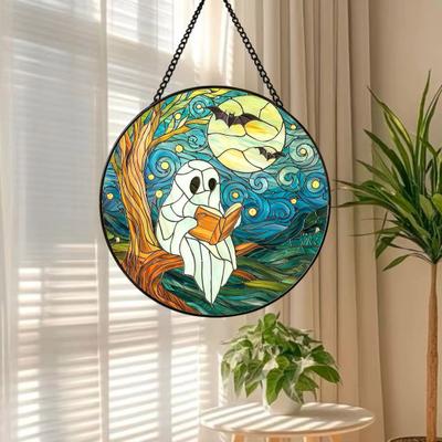 Halloween Reading Ghost Suncatcher Hanging Decoration Black Cat Stained Glass 2D Flat Acrylic Indoor Outdoor Wall Window Hanging Sign Ornament
