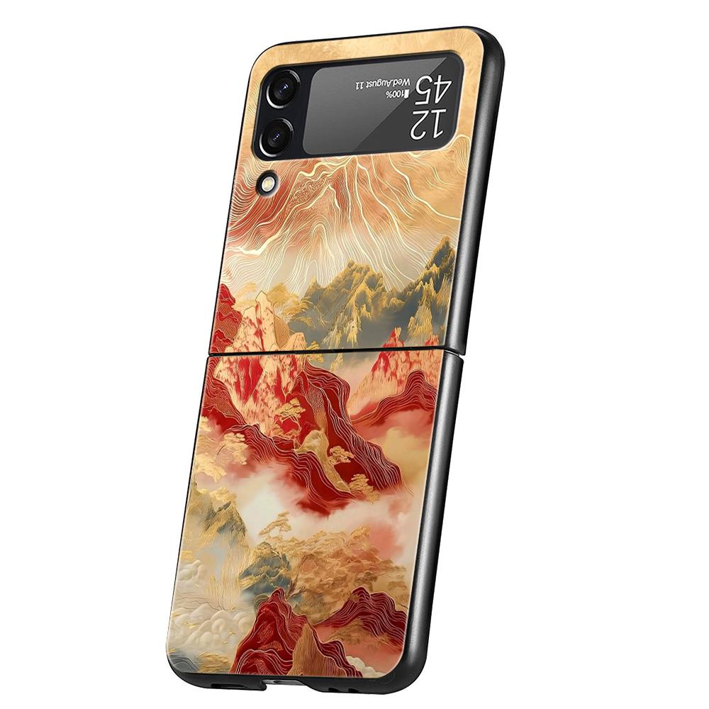 Chinese Style Landscape Hard PC Phone Case For Samsung Galaxy Z Flip 7 6 5 4 Black Cover For Galaxy Z Flip 3 Foldable Capas Bags