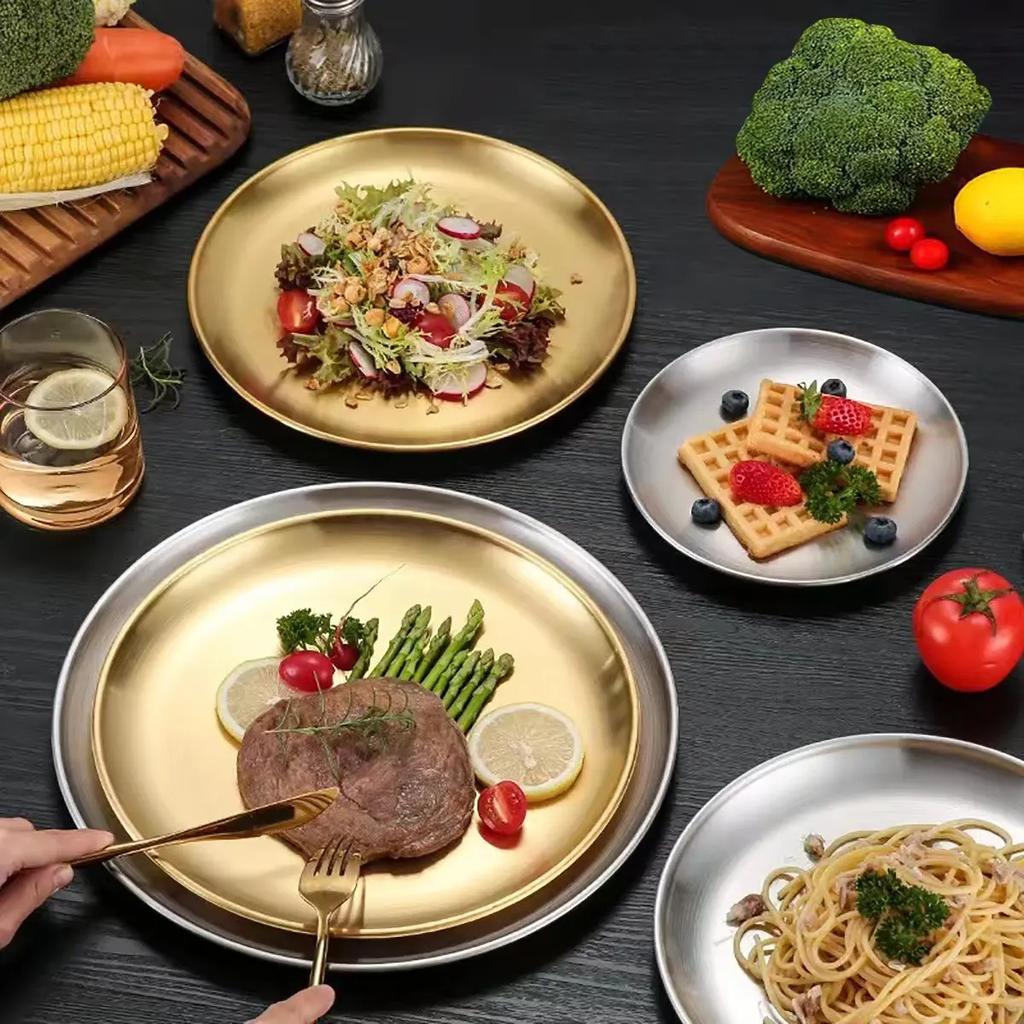 14/17/20/23/26/30CM Stainless Steel Bone Spitting Dish Gold Silver Shallow Tray Metal Dining Disc Round Plate Dessert Tableware