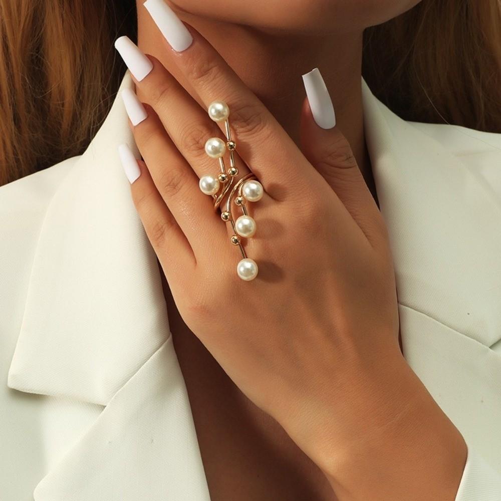Imitation Pearl Open Arm Bangle Adjustable Armband Vintage Bracelet Ring Set Arm Accessories
