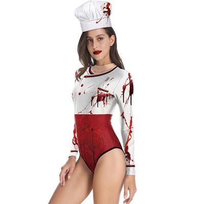 Neuer Damen Halloween Kochuniform Bedruckter Langarm Badeanzug Surfanzug Skinny Badeanzug