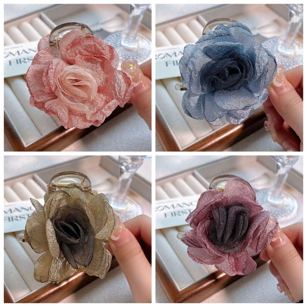 Cloth Simulation Flower Hair Claw Mesh Flower Claw Clip Fashion Rose Shark Clip Summer