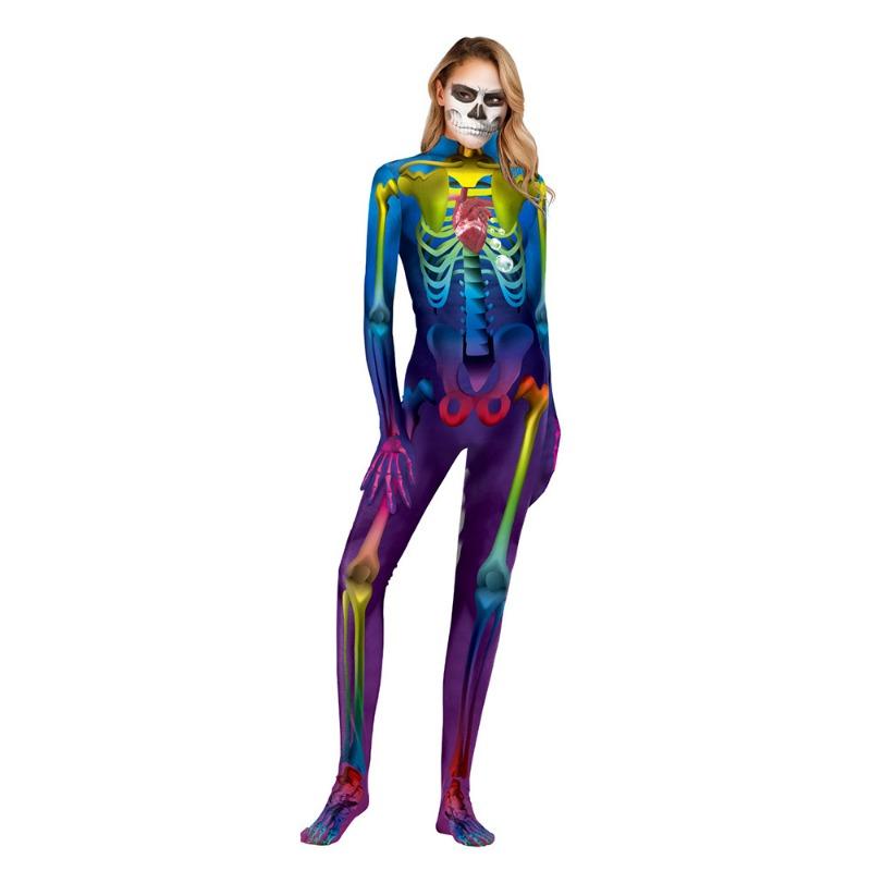 Halloween color human skeleton digital printing one-piece long-sleeved tights with hands and feet one-piece
