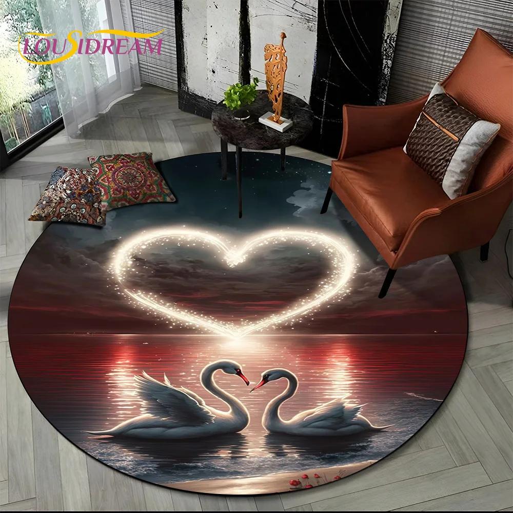 3D Dream Love Swan Cartoon Cygnus Girl Gift Round Carpet Rug for Living Room Bedroom Child Decor,Pet Area Rug Non-slip Floor Mat