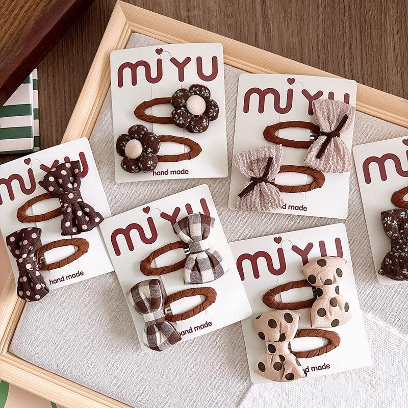 2 Pièces/Ensemble Doux Couleur Café Pinces à Cheveux Bébé Fille Coton Pois Pois Épingle à Cheveux Enfant Imprimés Écossais Tartan Nœud Barrette Accessoires Cheveux Enfants