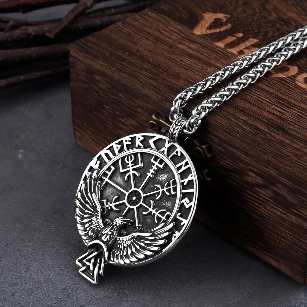 Mens Nordic Viking Compass Odin Raven Pendant Necklace Vintage Scandinavian Rune Amulet Necklace Stainless Steel Jewelry Gift