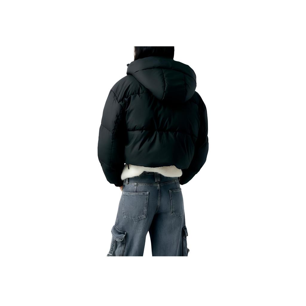 Zara Unifarbener Kapuzen-Casual-Dicker Baumwollmantel Damenmäntel Schwarz 4391707-800