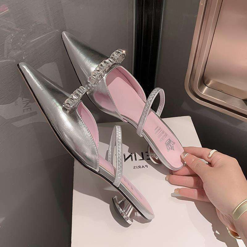 Nai Jiu Princess Pink~ Giant Beauty! Patent Leather Pink Half Pack Head Cool Slippers Women Wear Summer Silver Pointed Shoes