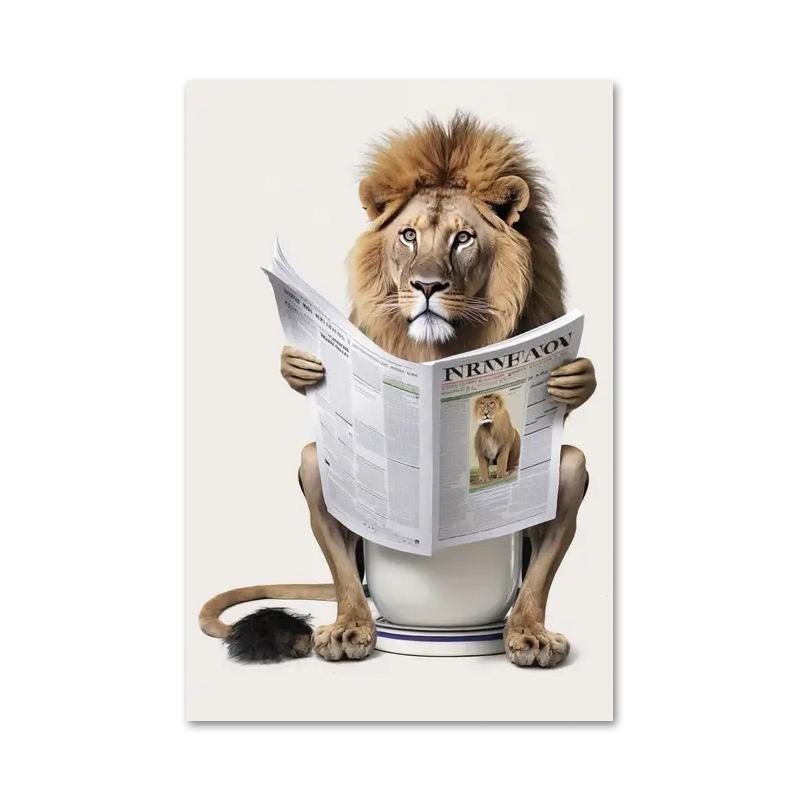 Funny Bathroom Humorous Animal Bear Dog Tiger Sitting On Toilet Reading Newspaper Canvas Painting Posters and Prints Wall Art