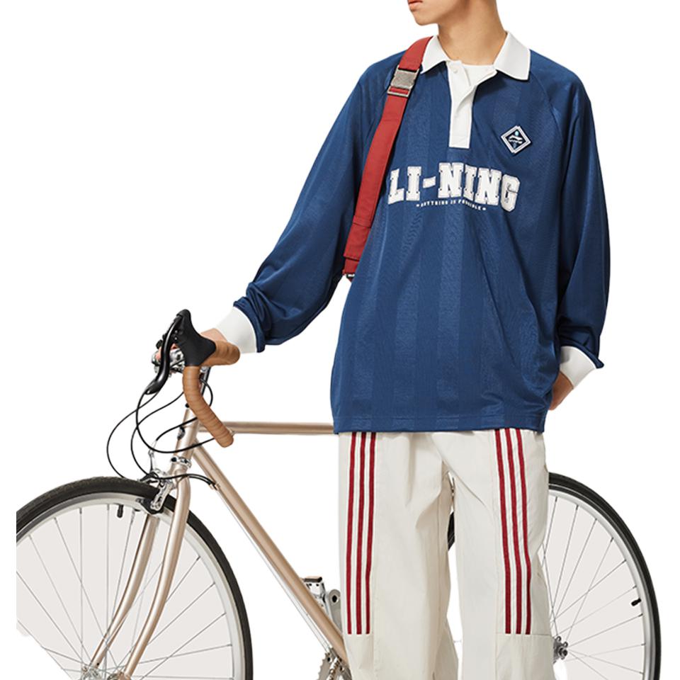 Camisa Polo Casual Respirável Confortável de Manga Comprida Li Ning Color Block com Letras Masculina tops Azul-Marinho Profundo APLU169-3