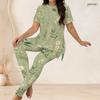 Women Plus Size Floral Printed Two Piece Set Round Neck Short Sleeve Light Green Fitted Long Pants Set