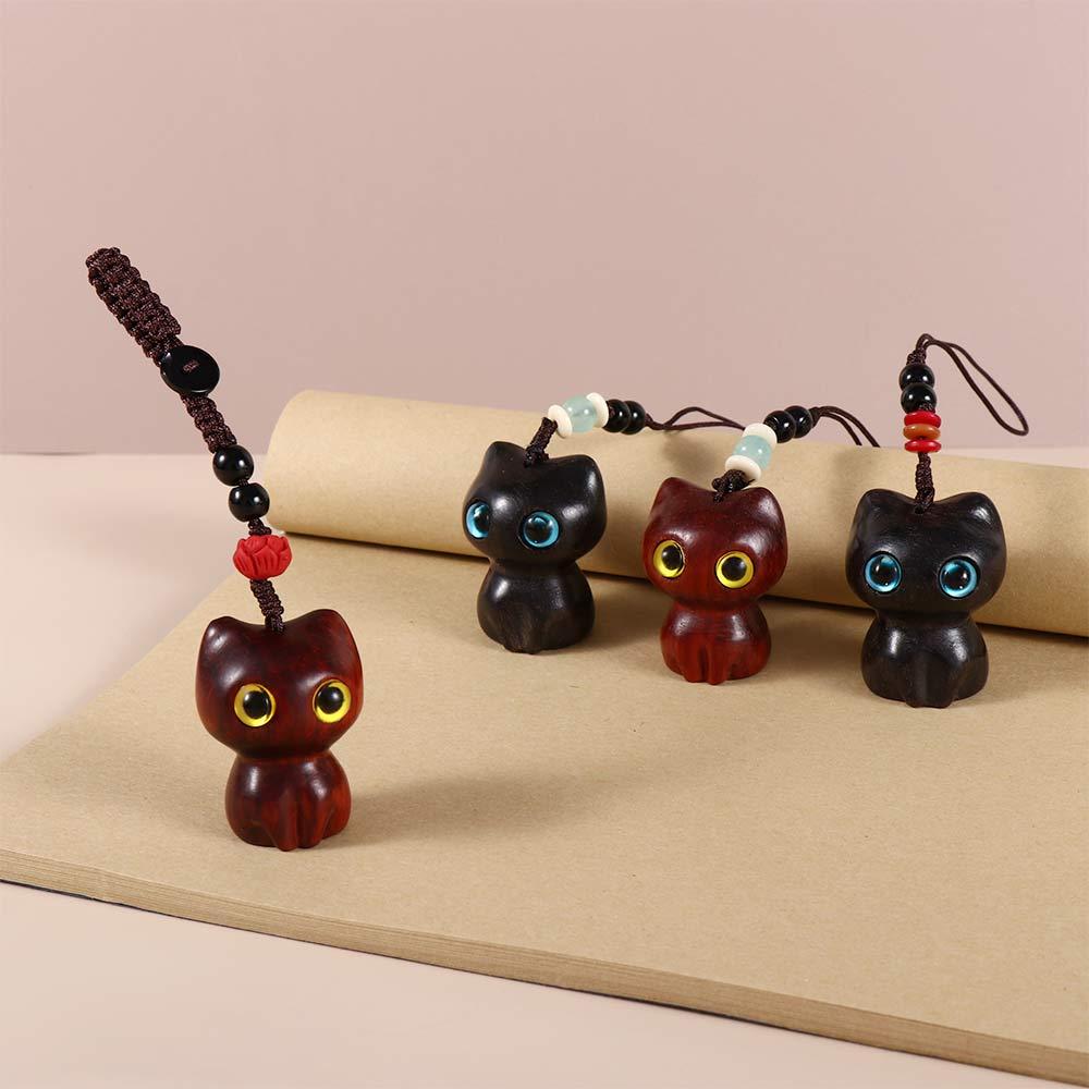 Blessing Cat Shape Wood Car Keyring Keychain Components Jewelry Findings Sandalwood Key Chains