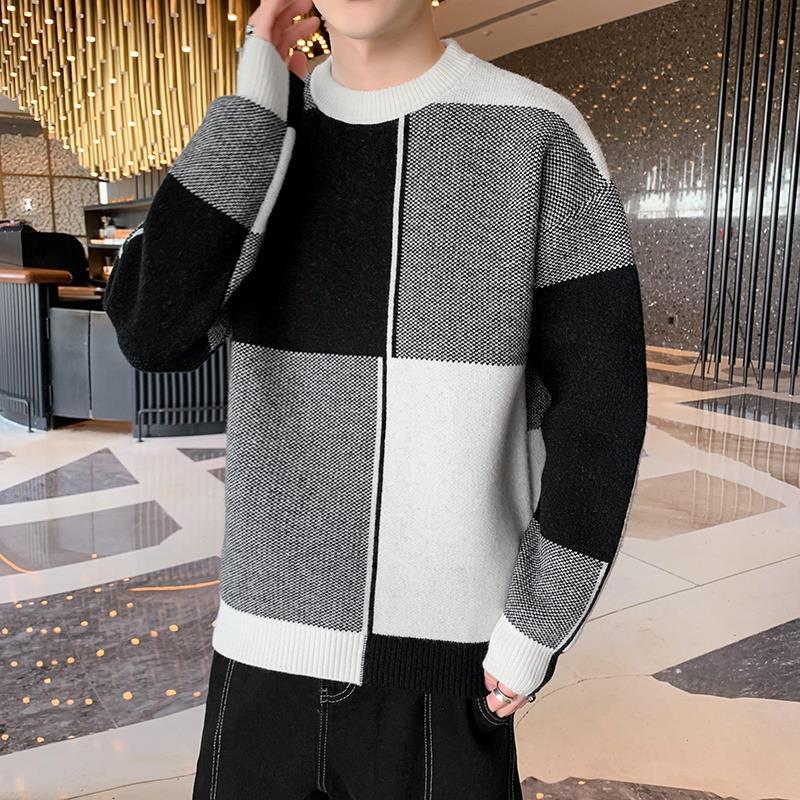Autumn and winter micro-expansion plaid contrasting colors versatile casual fashion crew neck sweater men's knitted sweater men's top