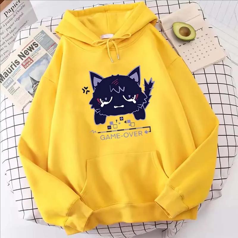 Genshin Impact Cartoon Cat Printed Hoodie Women Casual Autumn Winter Kawaii Harajuku Fleece Long Sleeve Sweatshirts