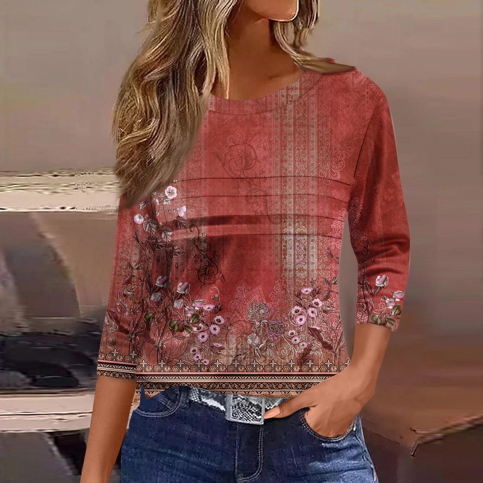 

Женская мода повседневный свободный топ с рукавом 3/4 и цветочным принтом с круглым вырезом M красный