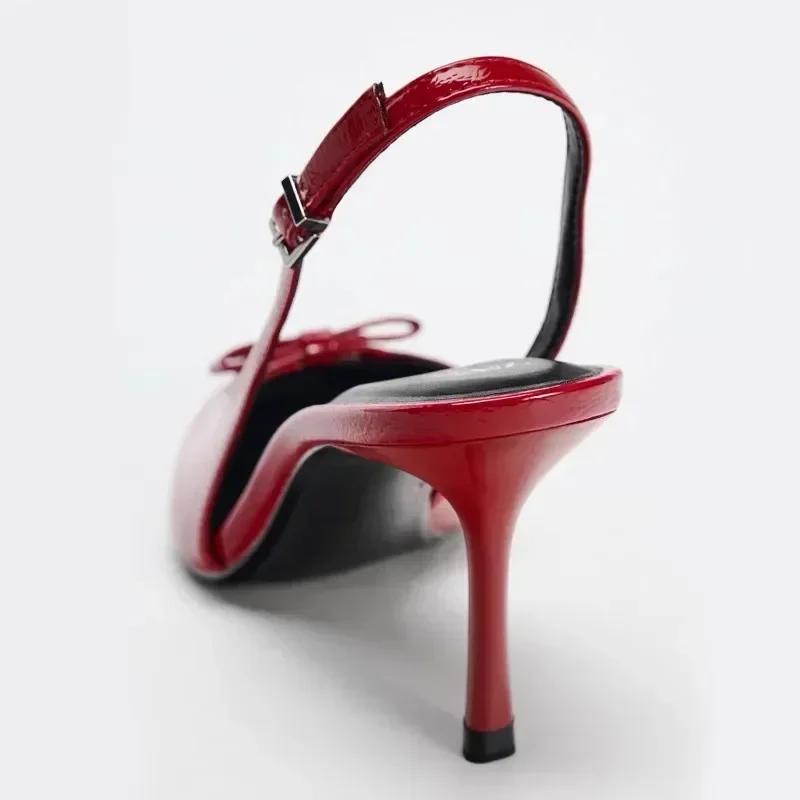 Luxury Brand Designer Pointed Toe Back Strap Heeled Sandals Women Sexy Red Thin Heels for Women Elegant Bow Party Dress Shoes