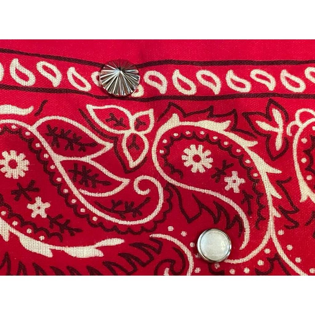 Used 80s USA-made bandana, red, paisley, with concho and studs, made in America