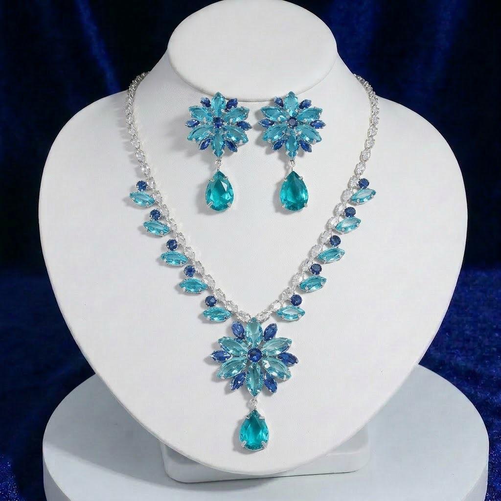 European Style Zircon Blue Flower Tassel Necklace & Earrings Set