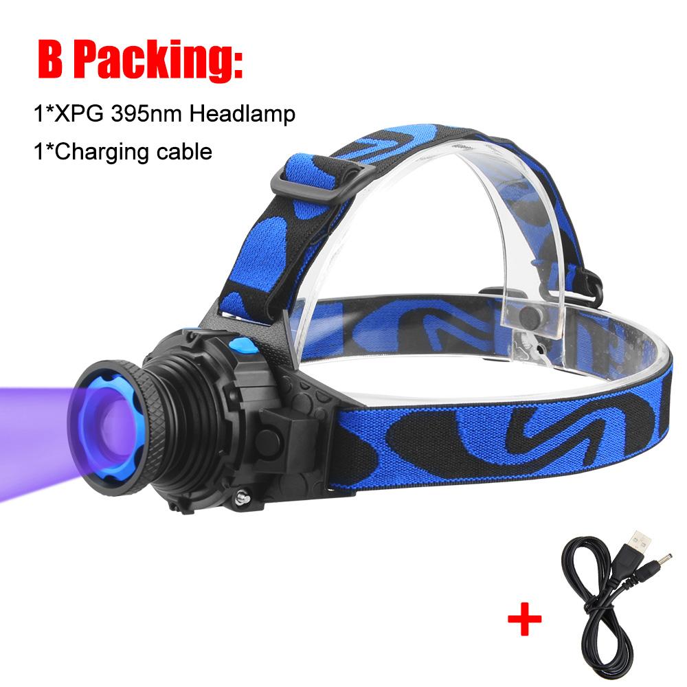 395nm UV Headlamp Ultraviolet Zoomable Headlight USB Rechargeable Purple Torch Catch Scorption Hunting Light Pet Urine Detector