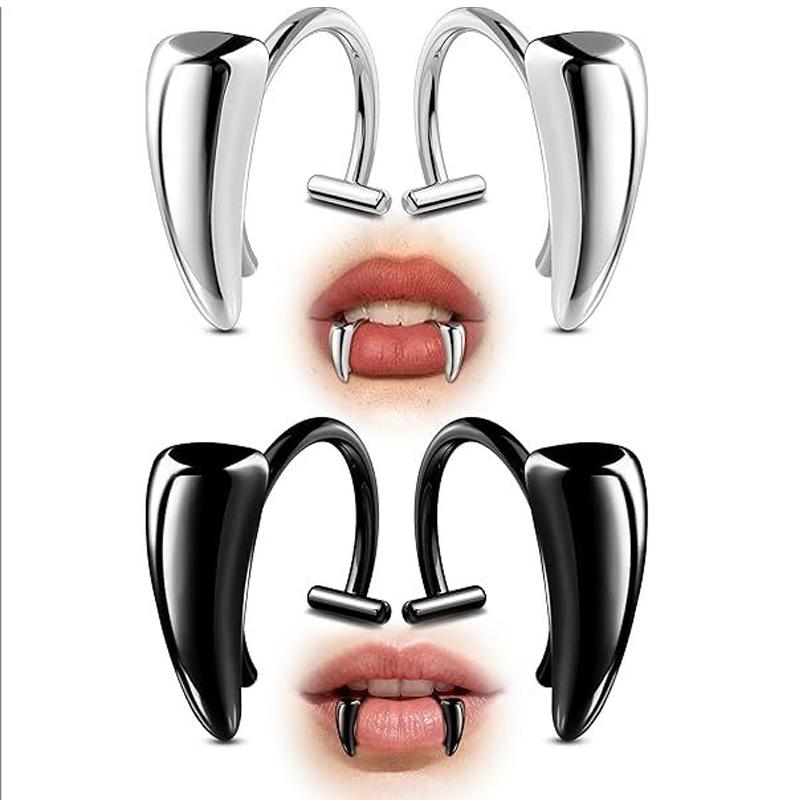 2/4 Stück Punk Edelstahl Scharfe Zähne Fake Piercing Lippenring Übertriebener Schmuck für Frauen Gothic Körperschmuck Neu