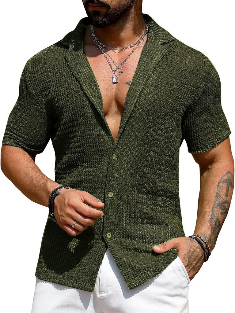 European And American Men'S Summer Cool Shirt Men'S Casual Knitted Sweater Hollow Breathable Short Sleeve Lapel Fashion Men'S Clothing