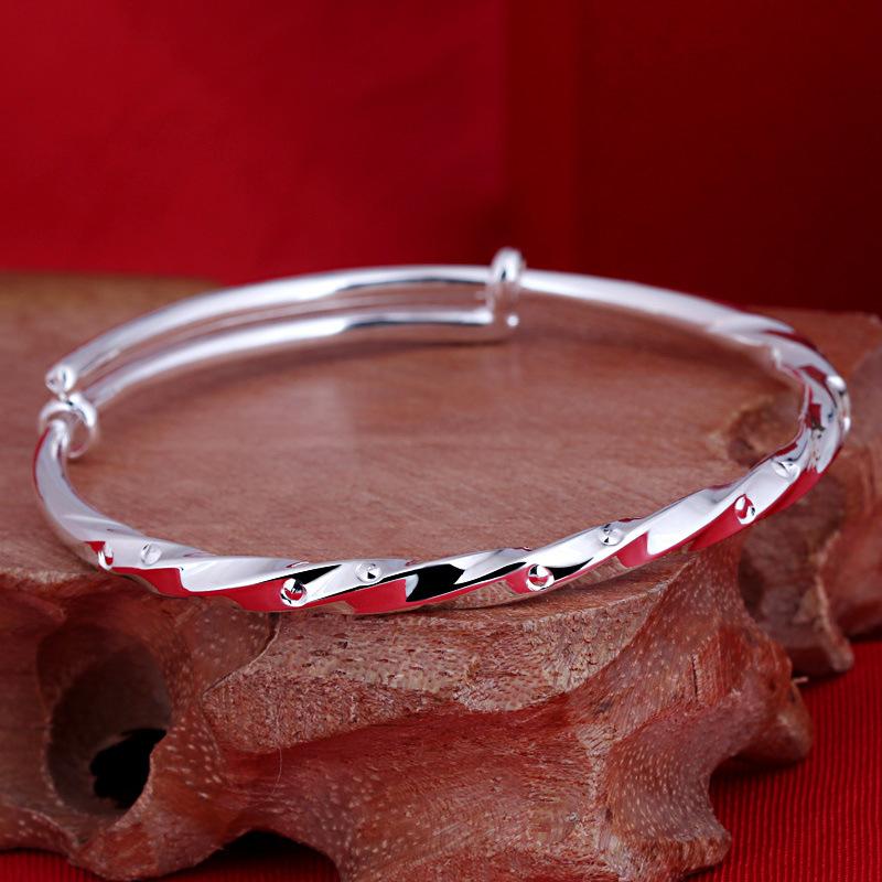 S990 Full Silver Twisted Smooth Solid Pure Silver Bracelet with Push Pull Adjustable Bracelet Women's Personalized Silver Bracelet Handpiece
