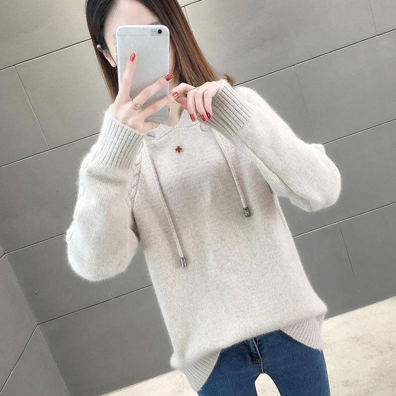 Hooded Sweater Women's Autumn and Winter Long Sleeved Knitted Sweater Loose and Lazy Style Hoodie Top Rest Pullover