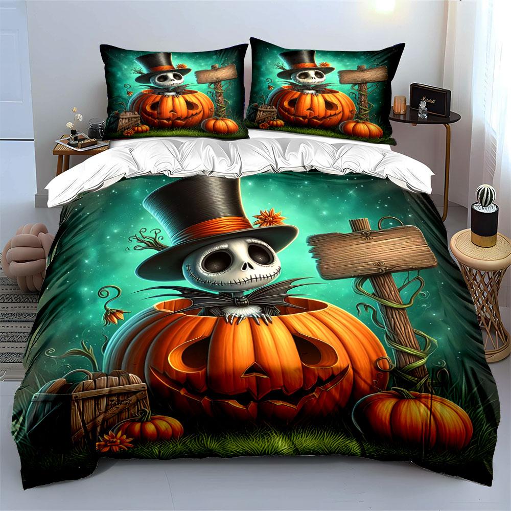 Halloween Skeleton in Pumpkin Bedding Duvet Cover Set Duvet Cover Pillowcases (1*Duvet Cover 2*Pillowcases, without duvet insert)