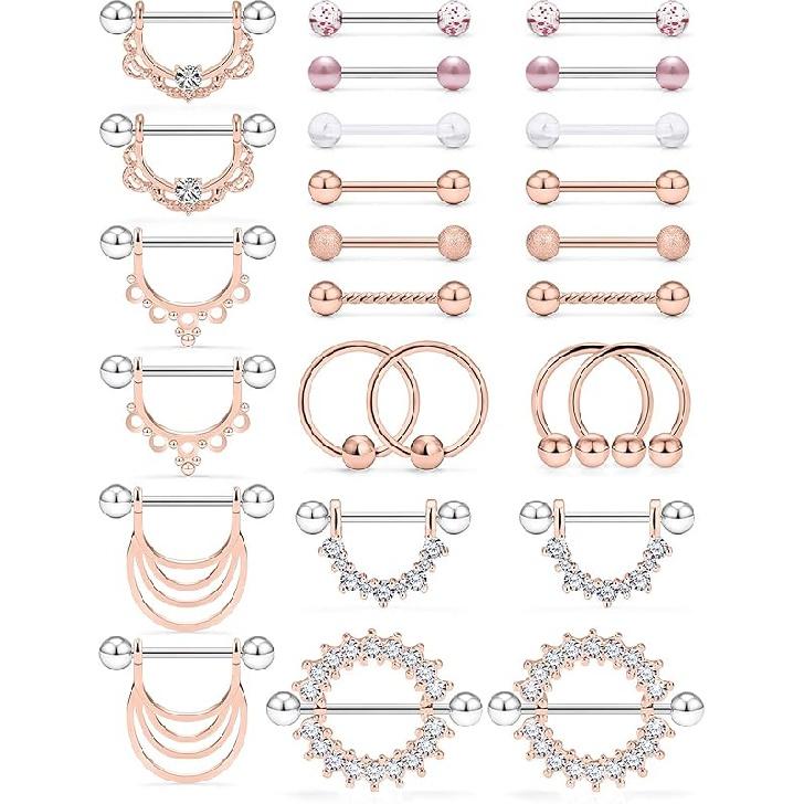 Kridzisw 14G Nipple Tongue Ring 6 Pair Surgical Steel Nipple Pliers Protective Ring Barbell Ring Piercing Body Jewelry CZ Round Lady Girl, Metal