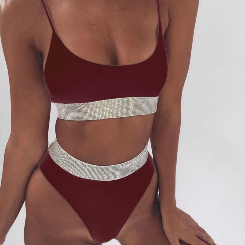 Sexy Twopiece High Waist Bikini Swimsuit Lady Beach Color Sequins Solid