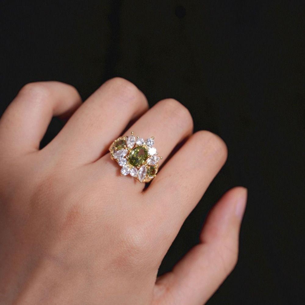 Exquisite Vintage Zircon Rings Adjustable Shining Rings Stylish Green Rhinestone Rings  Party