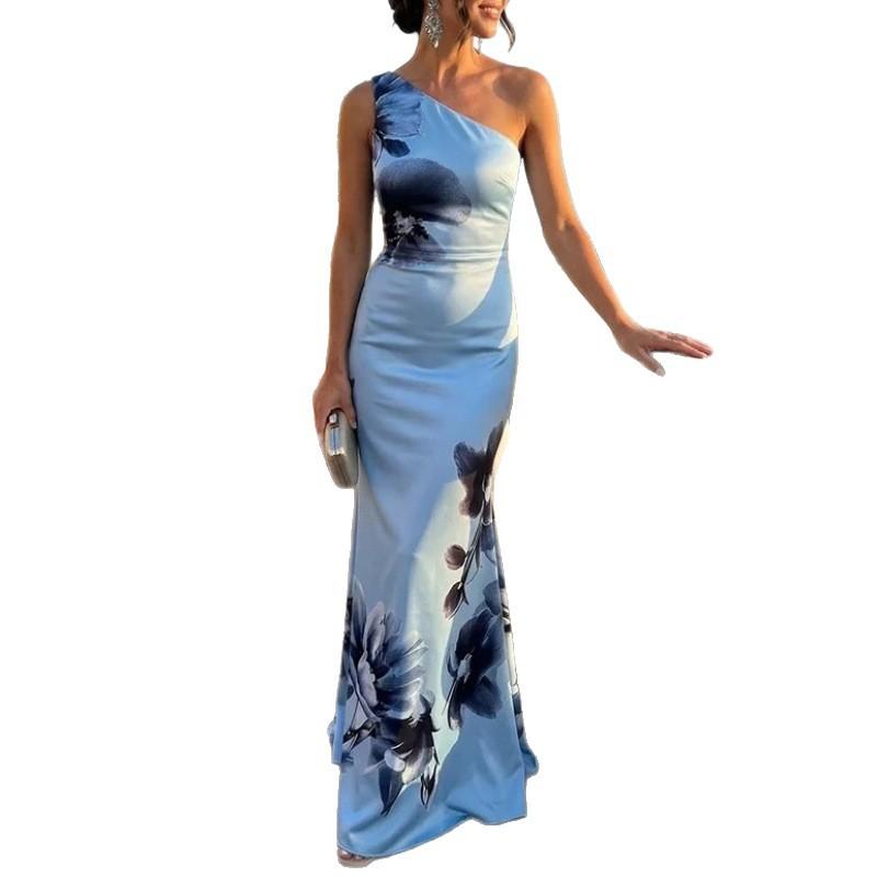 European and American Style New, Blue Printed Shoulder Dress Elegant Temperament Banquet Dress Dress Dress