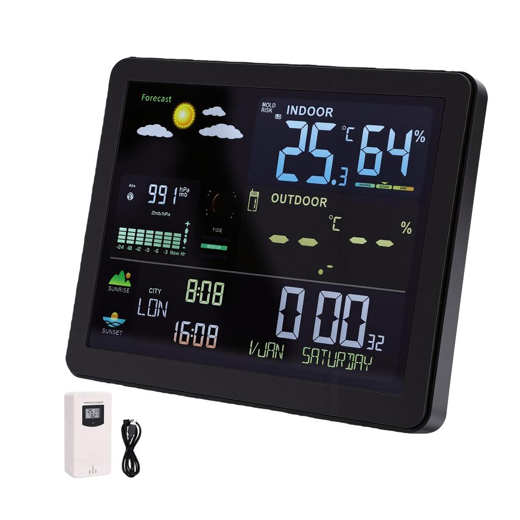 Wireless Weather Clock Indoor Outdoor Hygrometer Thermometer Air Pressure Sunset Sunrise Time Color Display Dual Alarm