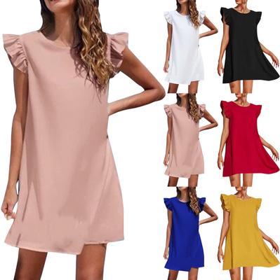 Damer Sommer Ensfarget Erme Daglig Rund Hals Kjole