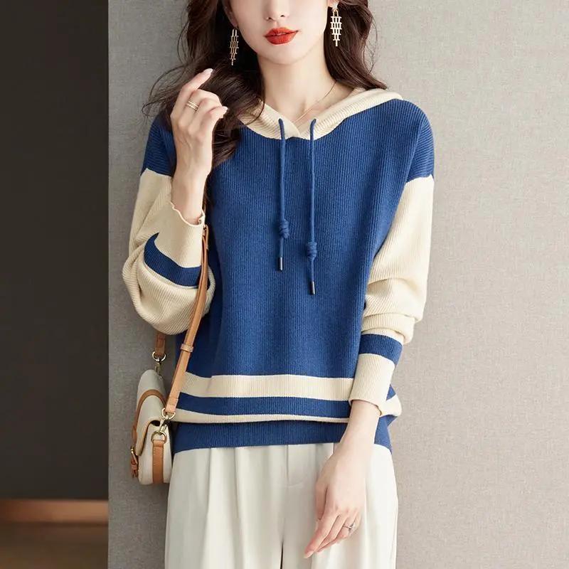 Women's Spring/Fall Color-Block Knit Hoodie Simple Oversized Pullover Sweatshirt