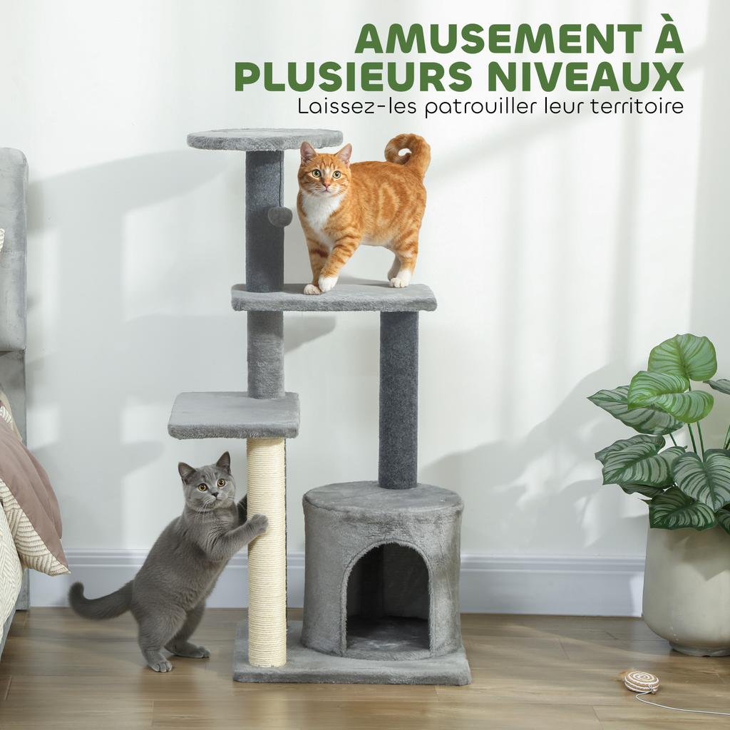 Cat Tree, 103 cm, Platforms, Plush House, Sisal Posts, Grey