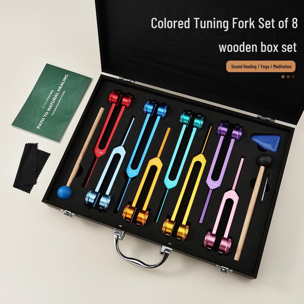 Aluminum Tuning Fork Set: Colored Eight-piece Sound Therapy with Wooden Gift Box