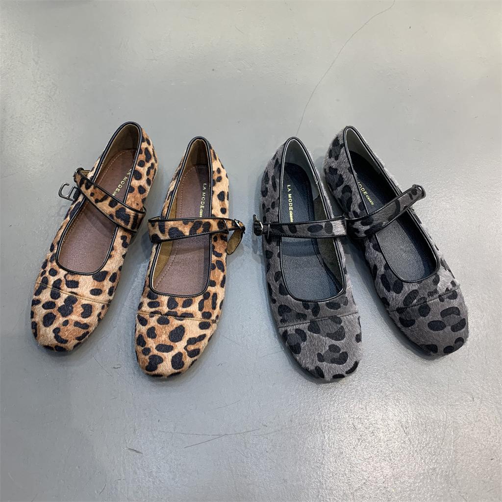 Fashion IPPEUM Leopard Ballet Flats Shoes Buckle 2025 Brown Black Vintage Ballerina Shoes