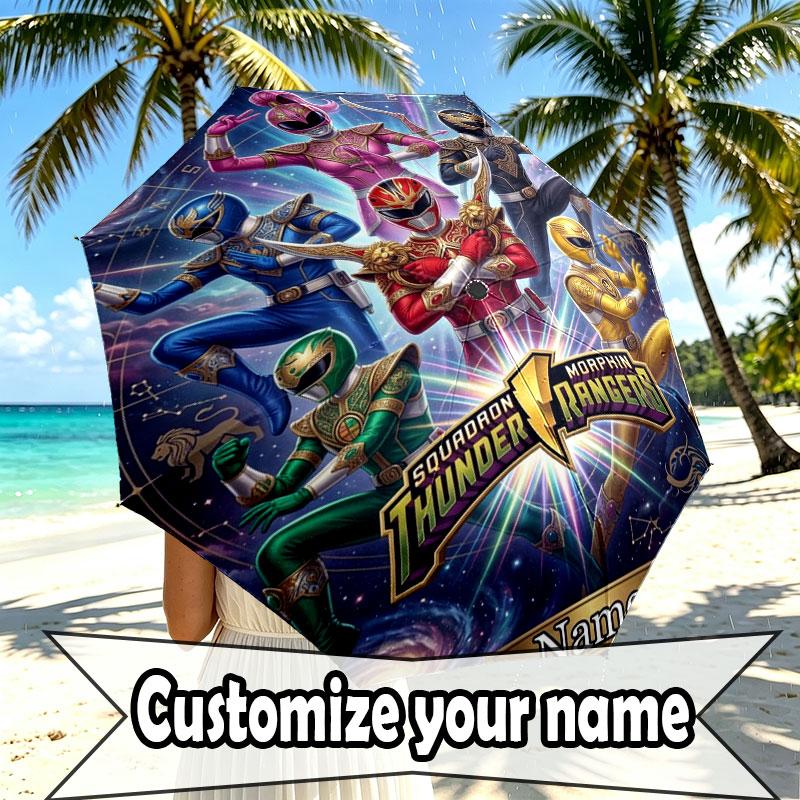 Custom Name Personalized Power Rangers Print Umbrella, Auto Open Close, 8‑Rib Sturdy Frame, Commute Camping Hiking Use, Birthday Gift