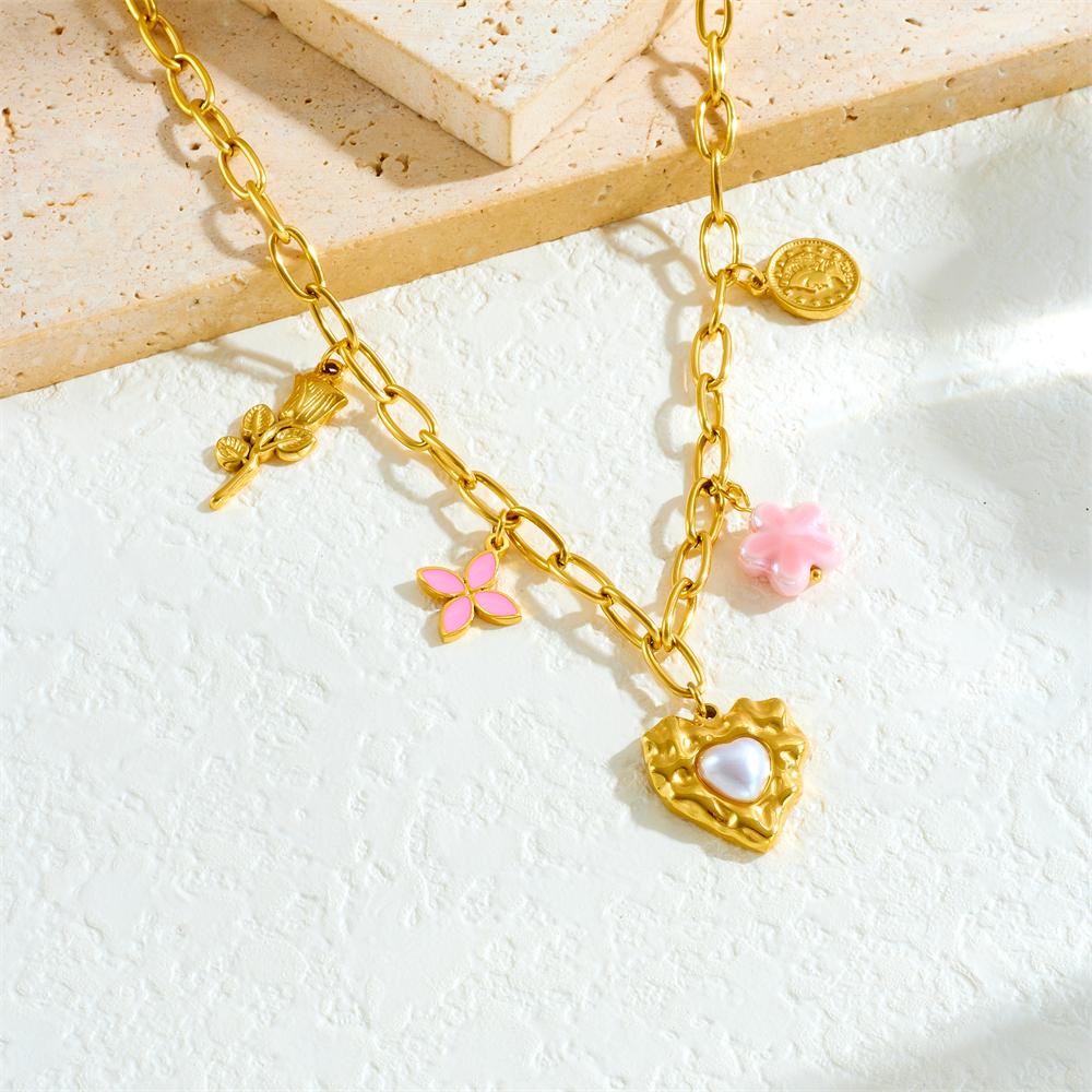 DIEYURO 316L Stainless Steel Pink Flower Rose Heart Pearl Pendant Necklace For Womens New Fashion Neck Chain Jewelry Gift