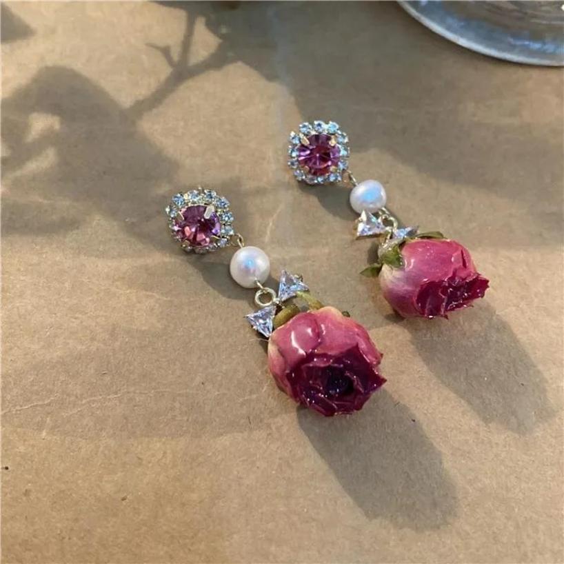 Vintage Natural Real Flower Immortal Flower Earrings Niche Design Freshwater Pearl Womens Long Earrings Jewelry