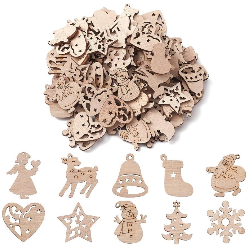 50pcs Unfinished Wooden Mini Christmas Craft Ornaments Cutouts for DIY Projects, Holiday Decor, and Home Embellishments