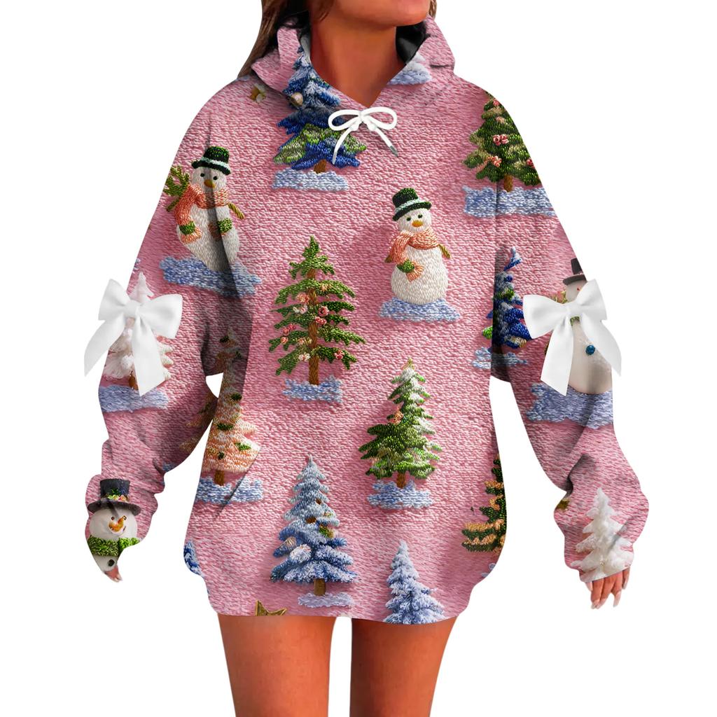 Ladies' Christmas Printed Bow Long Sleeved Loose Fitting Headband With Rope Hooded Sweatshirt Top