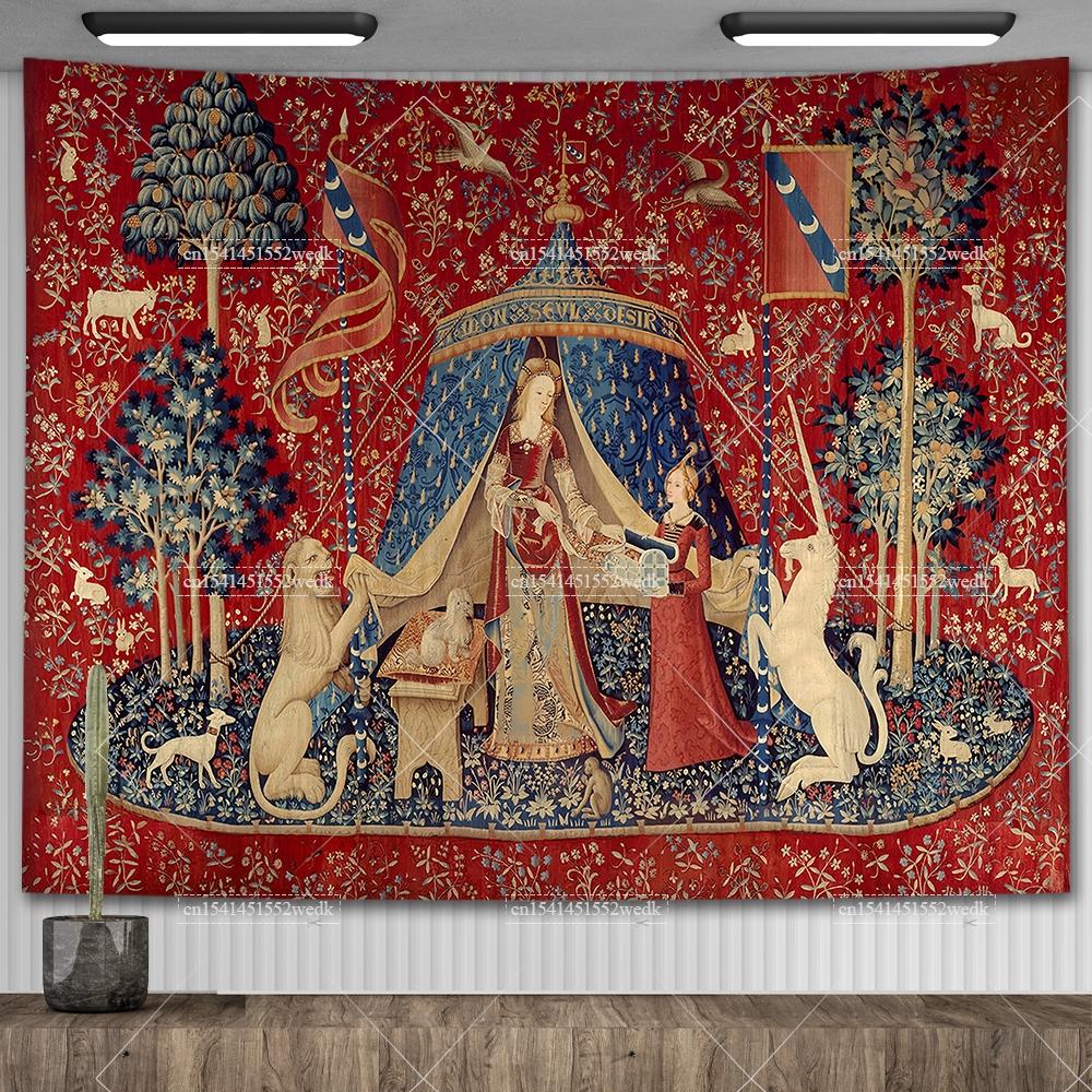 Maiden And Unicorn Medieval Tapestry Wall Hanging Aesthetic Room Decor Ancient Egypt Tapestry Macrame Bedroom Decoration Carpets