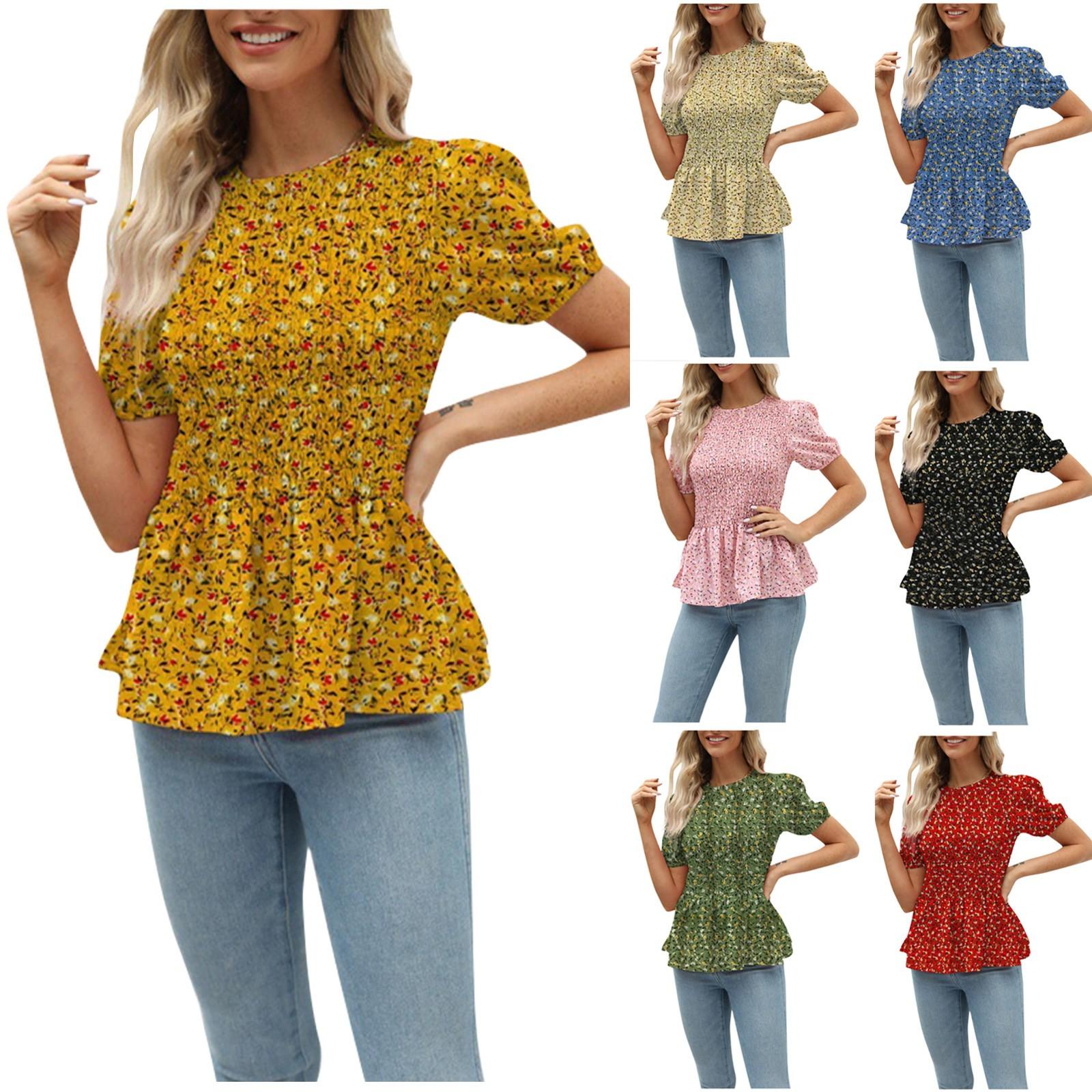 

Женские летние плиссированные топы с короткими рукавами и круглым вырезом, блузки, футболки