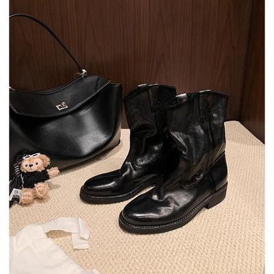 Gewaschenes Rindsleder~ echtes Leder Retro V-Ausschnitt mittelhohe Stiefel Lokomotive Stiefel dicker Absatz Western Cowboy Stiefel Damen Kurzstiefel